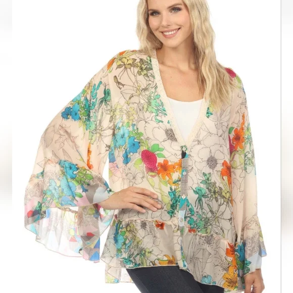 JOHNNY WAS Sequence Georgina Kimono Style Vibrant Floral Blouse NWT Size Medium - Picture 6 of 13